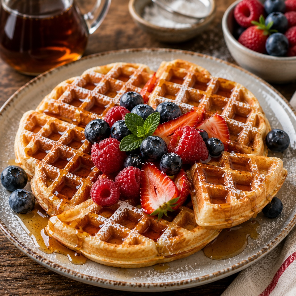 Waffeln mit Ahornsirup, Staubzucker und Beeren angerichtet